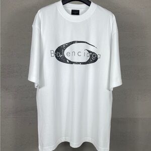 Balenciaga White Short-Sleeve Tee with Distressed Black Logo